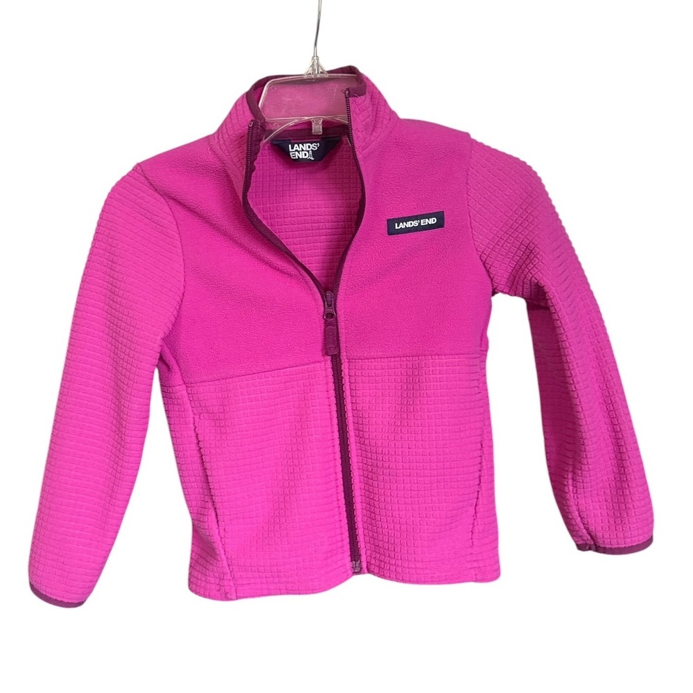 Lands End Girls Pink Grid Fleece Jacket Full Zip Mock Neck Size S 6-7 Outdoor